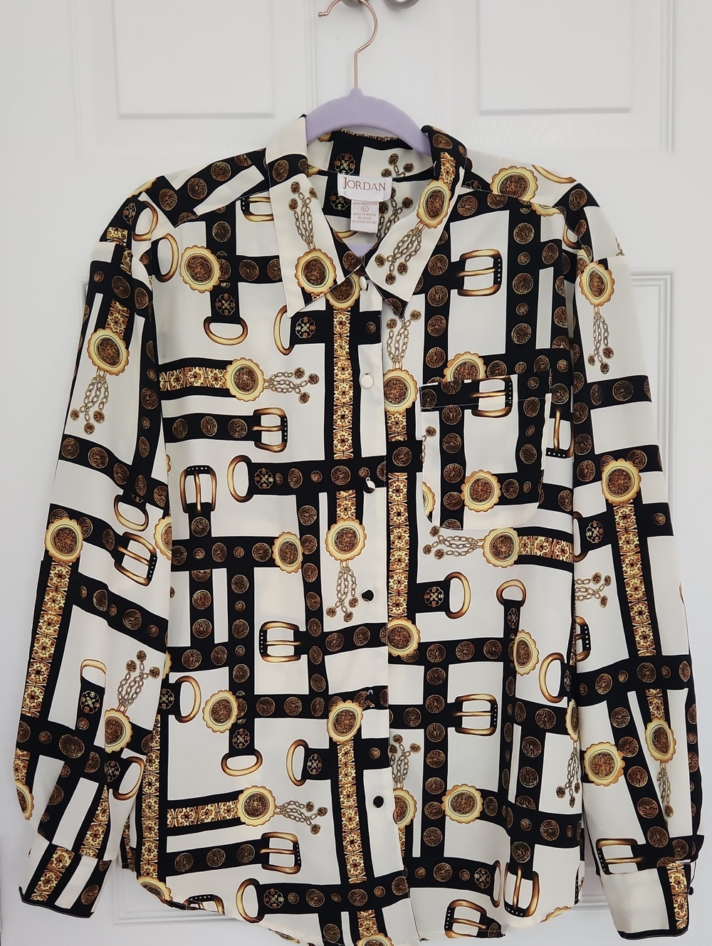 Vintage 80s 90s Jordan Scarf Print Chain Belt Blouse Casual Office Vacay